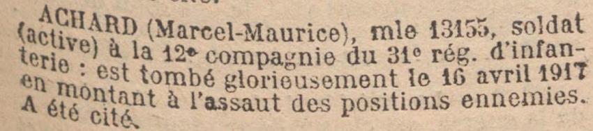 ACHARD Mauricel MM JO 23 Juin 1919