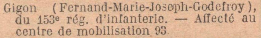 GIGON Fernand Chef Bataillon Affectation CMI 93 JO 7 Juillet 1934