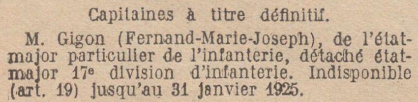 GIGON Fernand Disponibilite TOE JO 1er Fevrier 1925