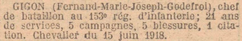 GIGON Fernand Officier LH JO 21 Decembre 1933
